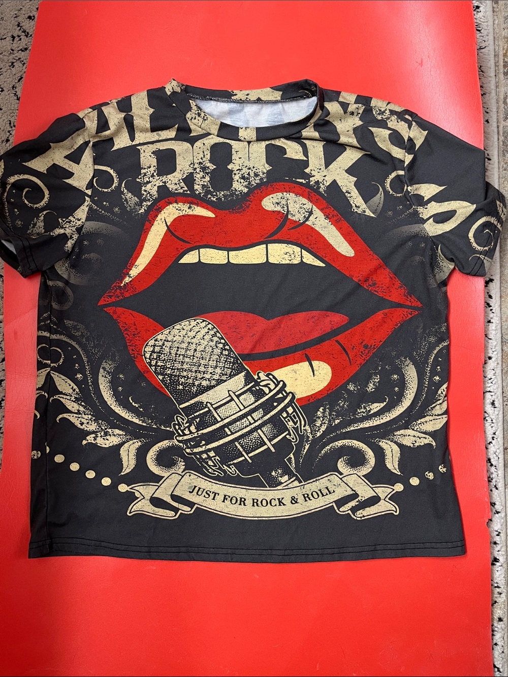 Women’s Black Graphic Rock & Roll Microphone Tee - Red Accent